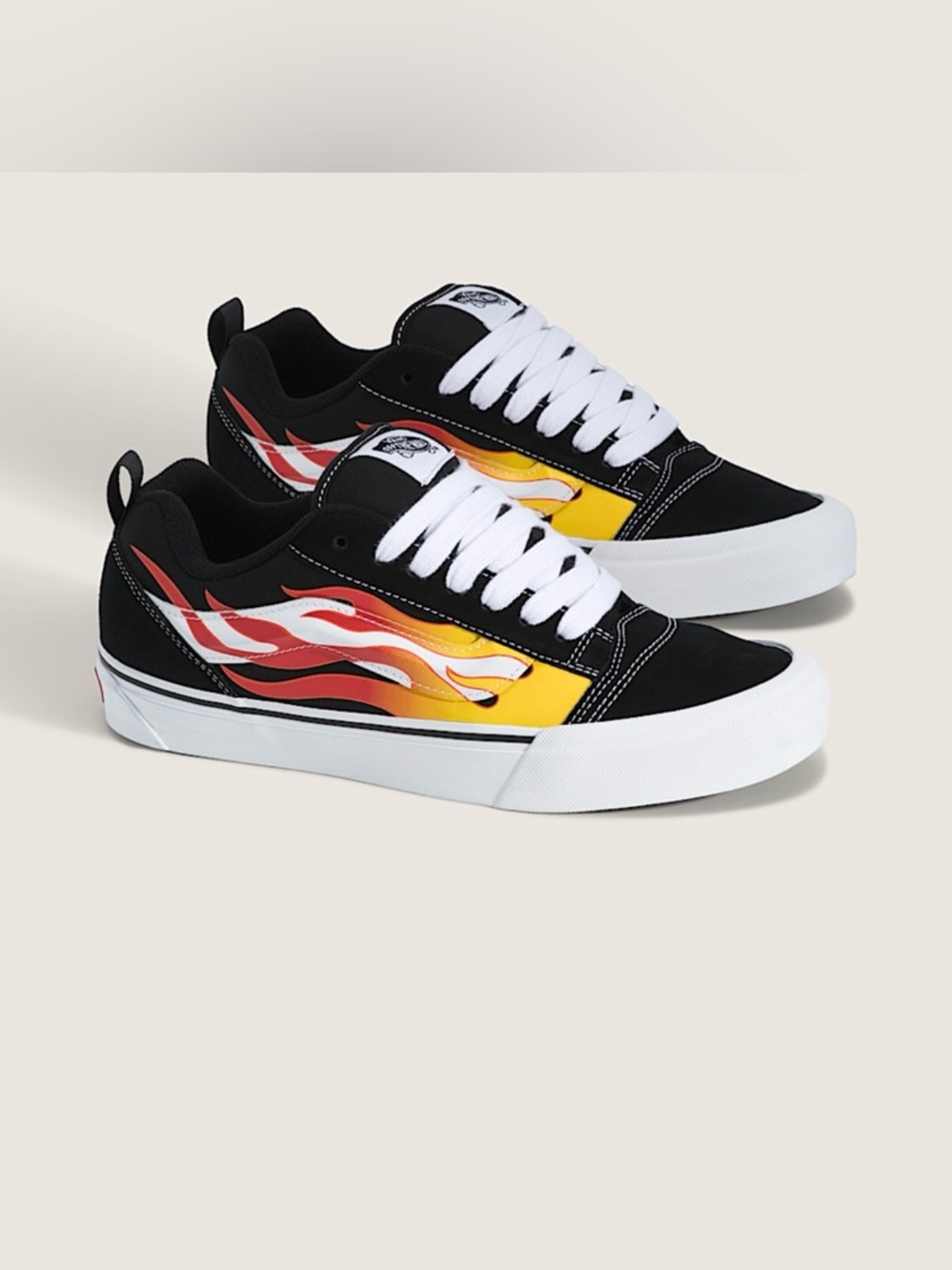 Vans Knu Skool Girls Black Low-Top Sneakers with Red-Orange Flame Detail